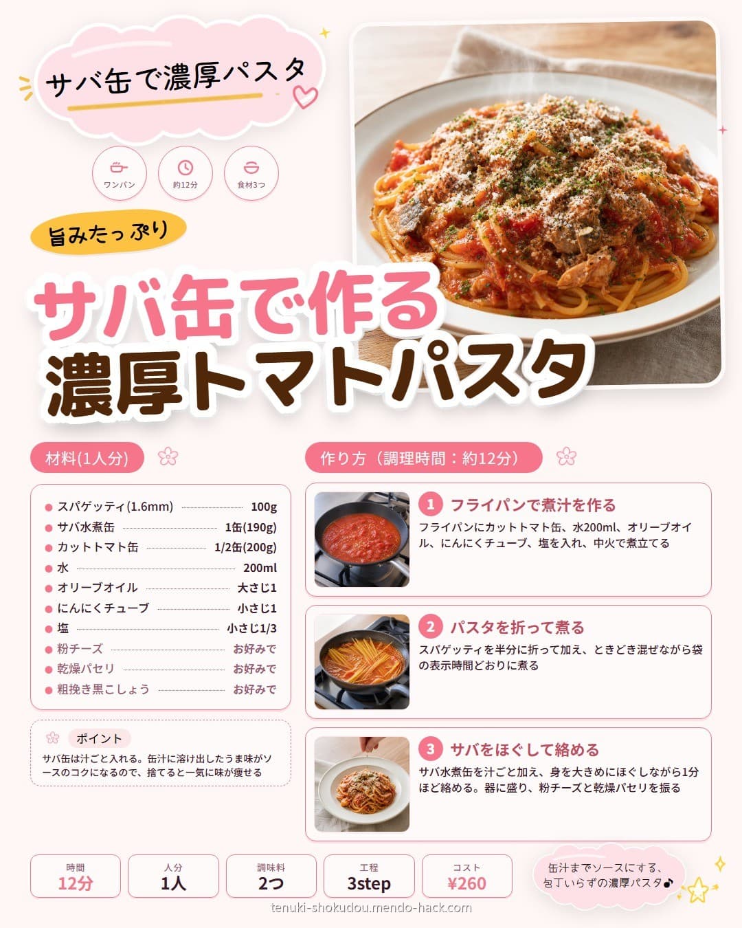 サバ缶で作る濃厚トマトパスタ シェア用画像