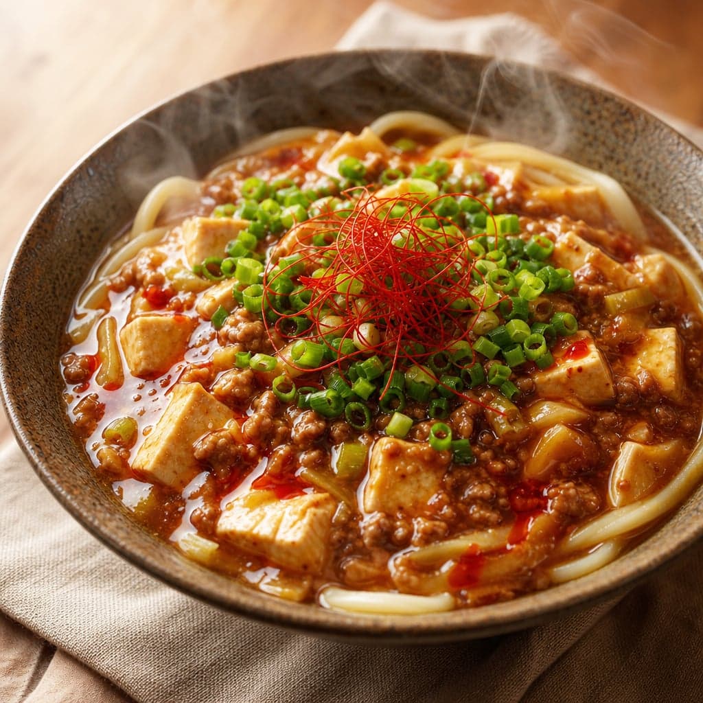 麻婆豆腐の素でとろ旨麻婆あんかけうどん
