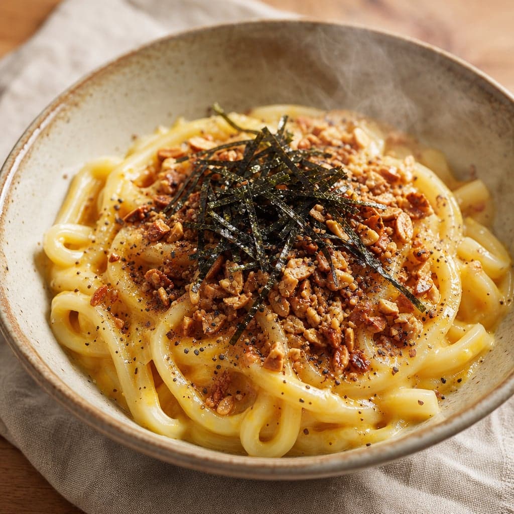 サクサクしょうゆアーモンドの釜玉バターうどん