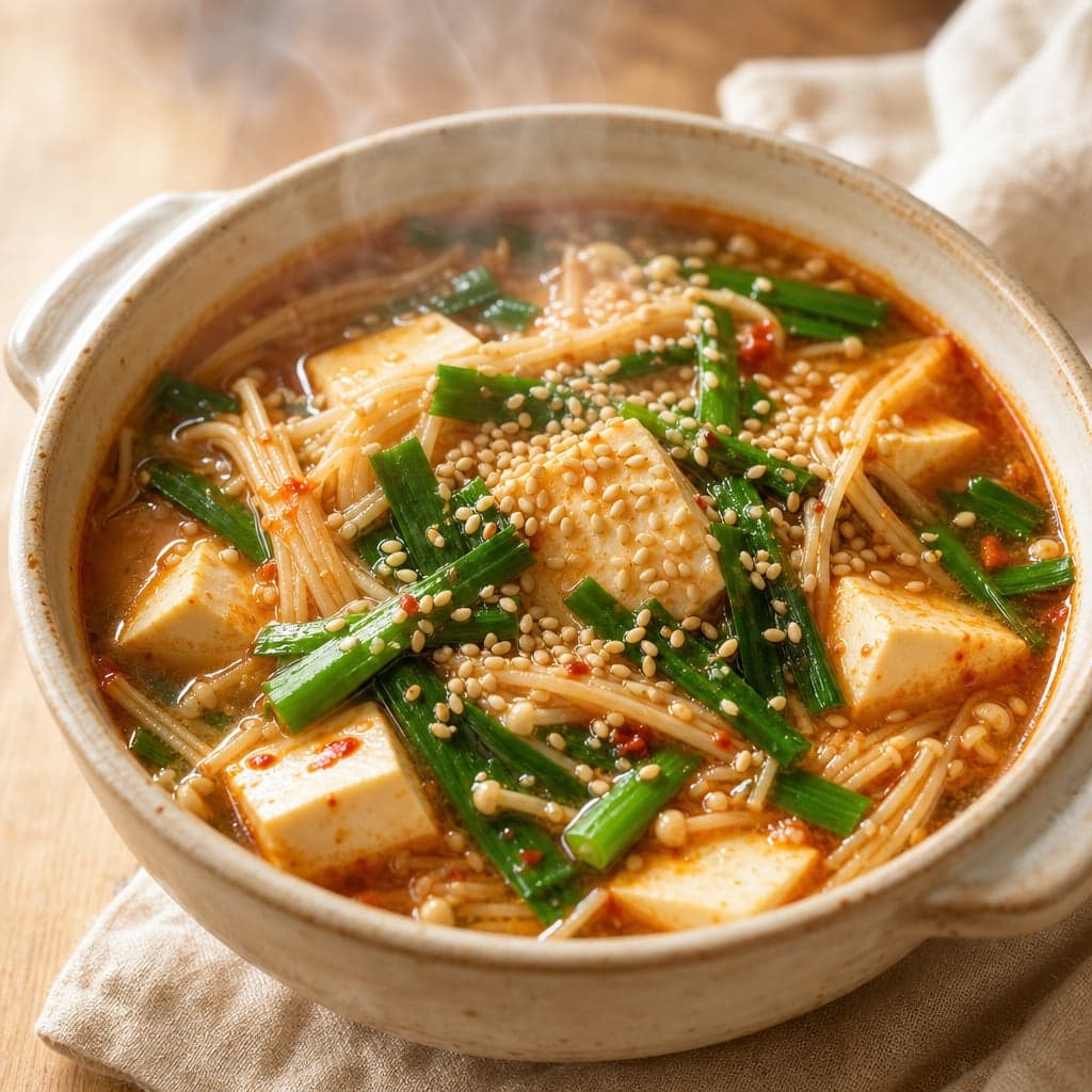 豆板醤で豆腐とニラのピリ辛スープ